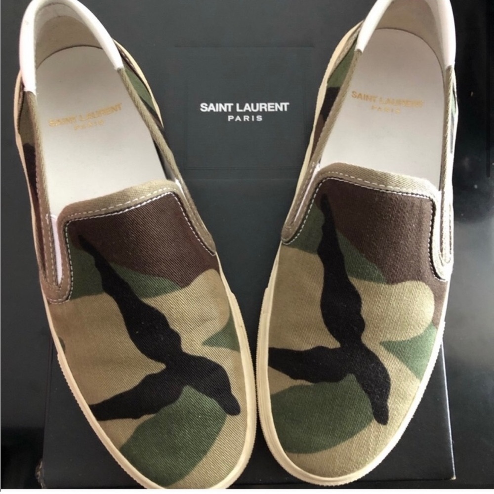SAINT LAURENT camo slip on sneakers.